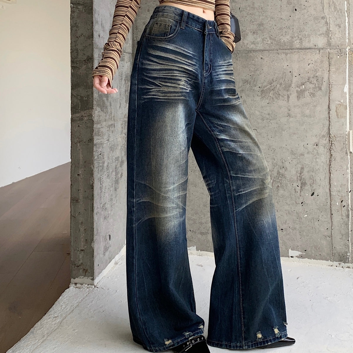 Dark Blue Scratch Cube Stud Hem Jeans