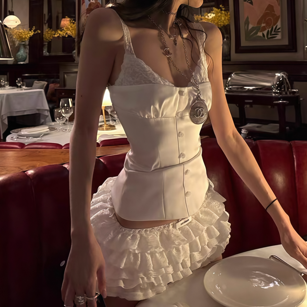 White Lace Strap Corset Ruffle Skirt Set