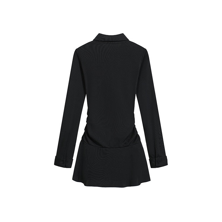 Black Middle Cinch Button-Up Dress