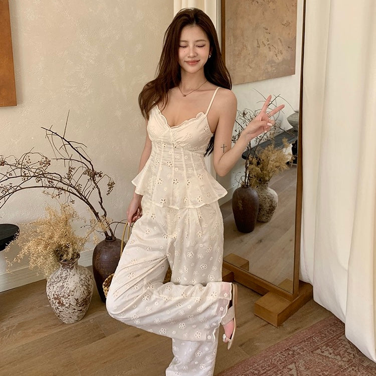 White Lace Camisole Pants Summer Set