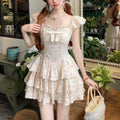 Beige Floral Cascade Ruffle Dress