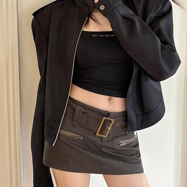 Khaki Buckle Belt Mini Zip Pocket Skirt