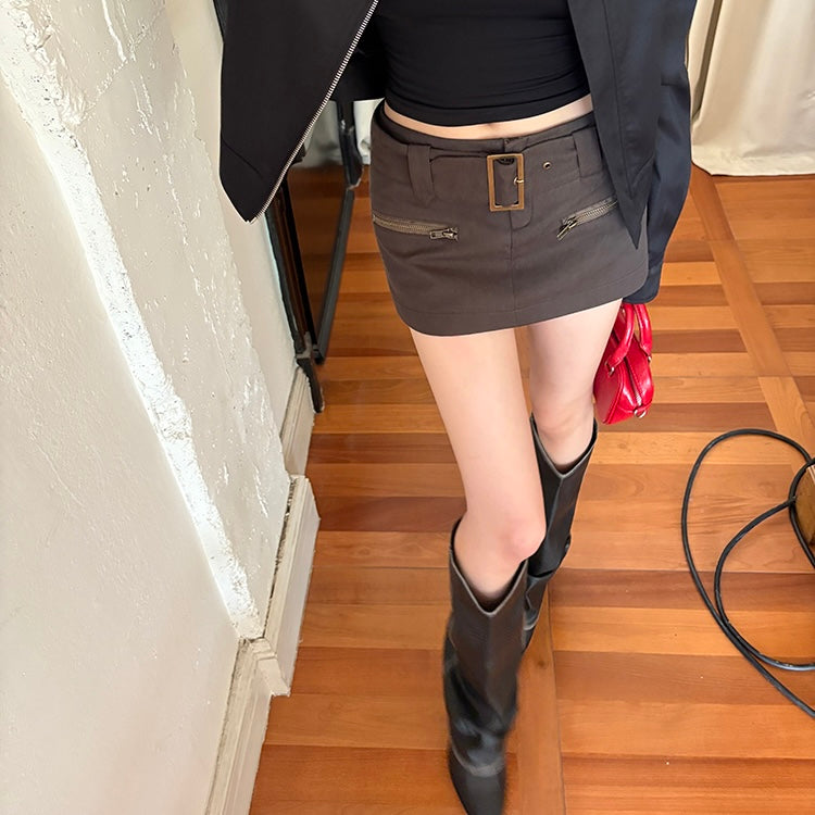 Khaki Buckle Belt Mini Zip Pocket Skirt