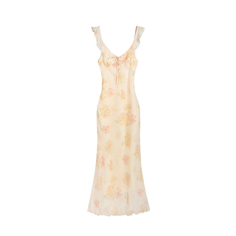 Yellow Light Floral Ruffle Maxi Dress