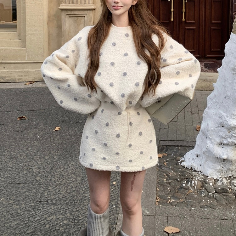 Beige Purple Polka Dot Sweater Skirt Set