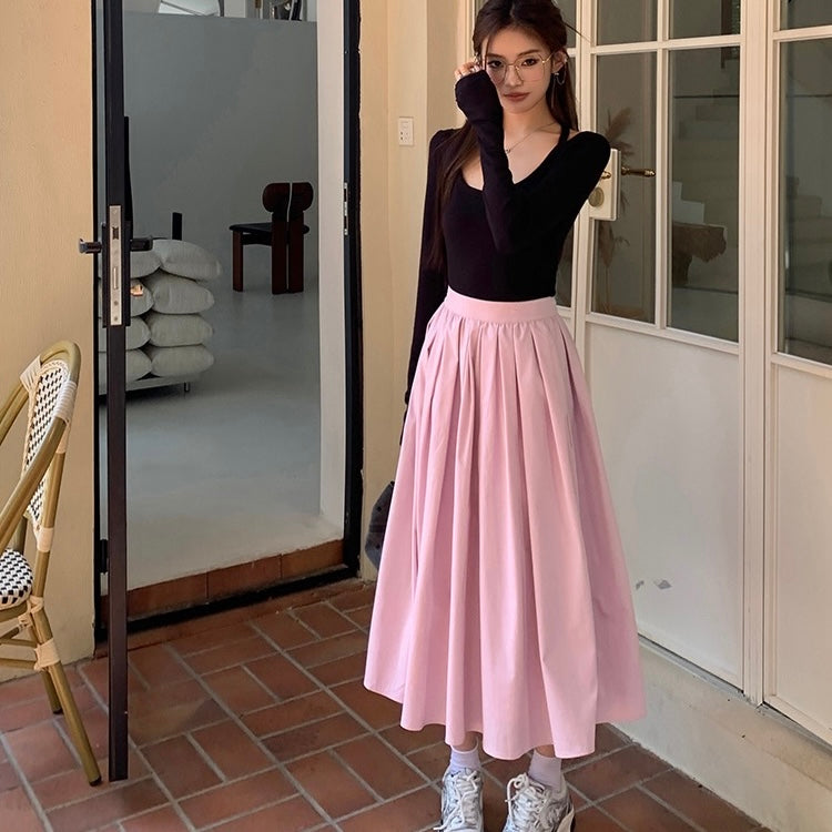 Pink Pleated Long Skirt
