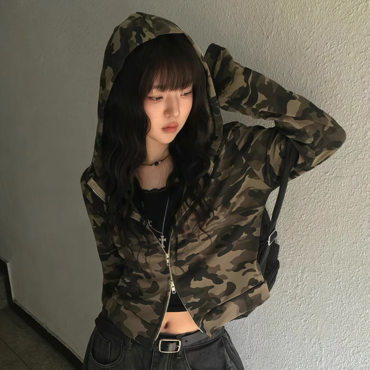 Khaki Camo Zip Crop Hoodie