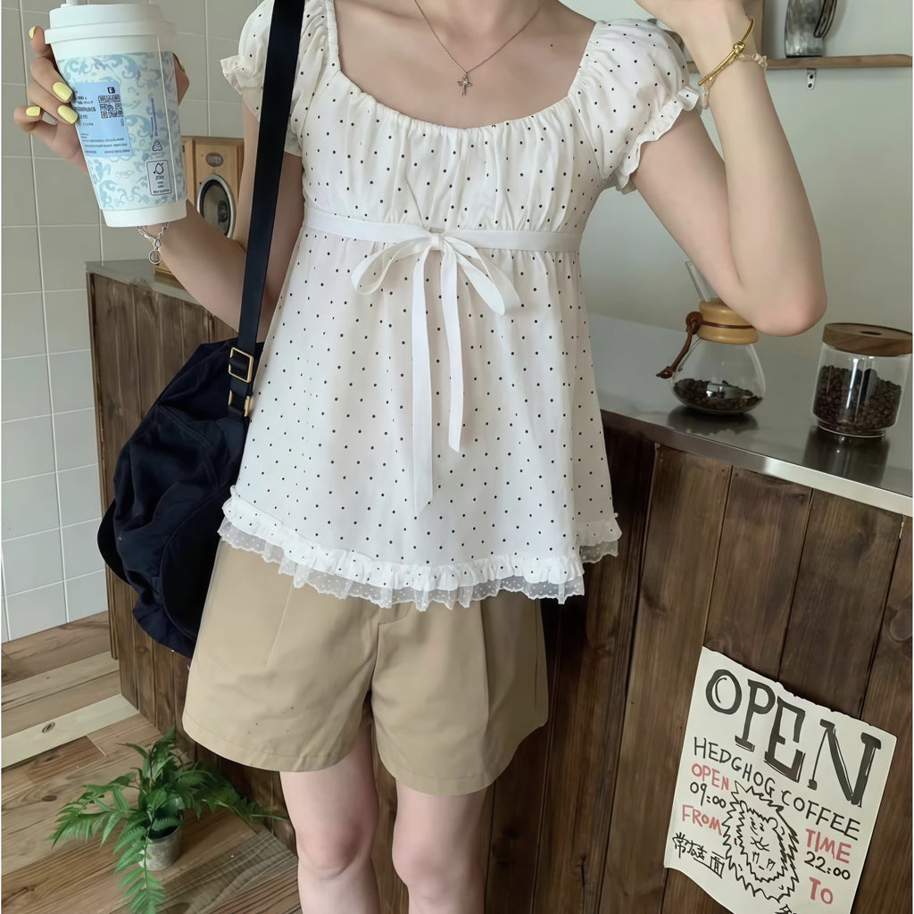 Beige Polka Dot Puff-Sleeve Top