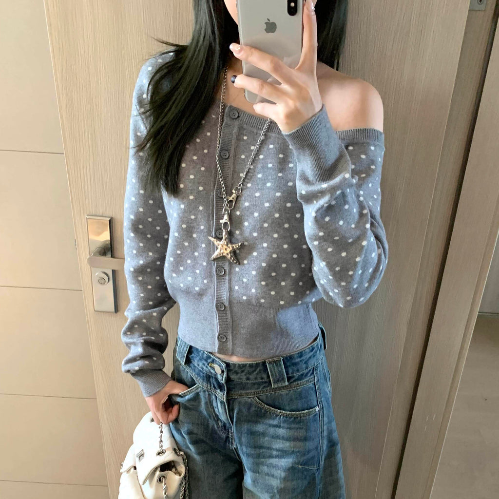 White Dot Grey Off-Shoulder Sweater