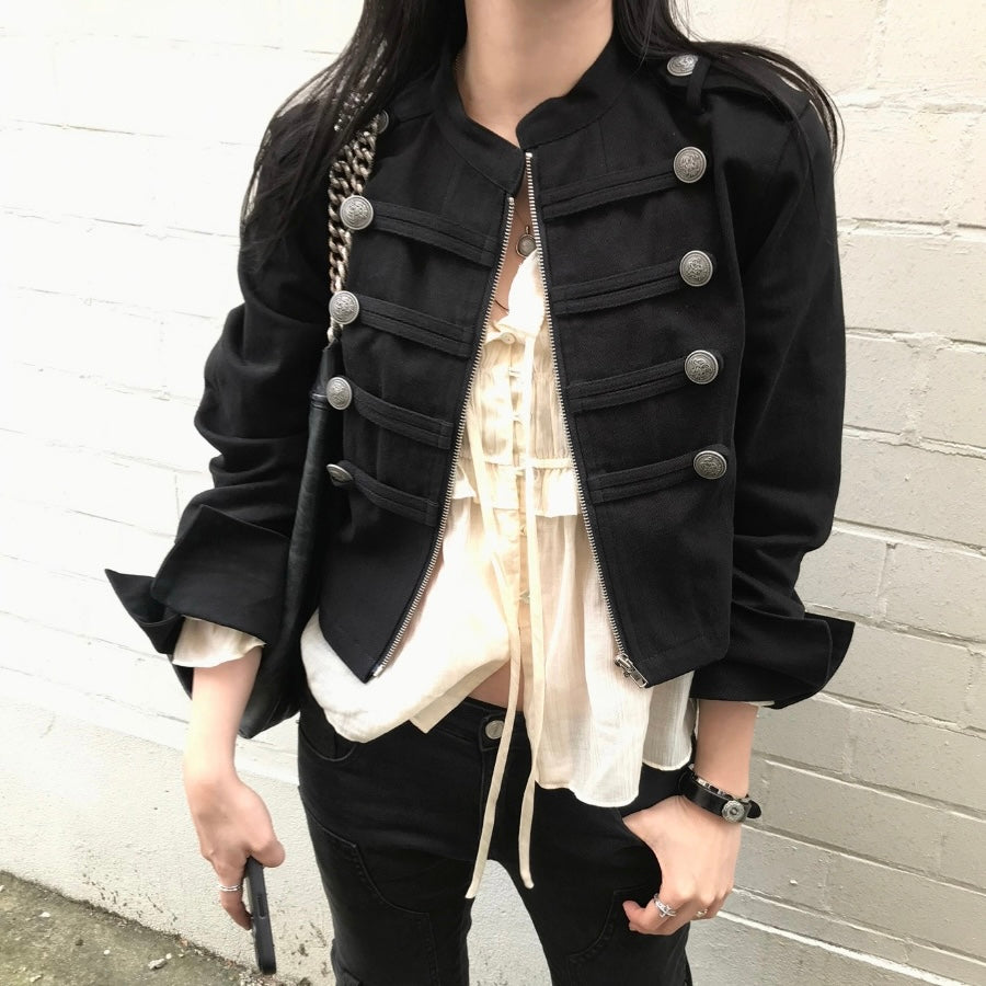 High Neck Double Side Button Zip Jacket