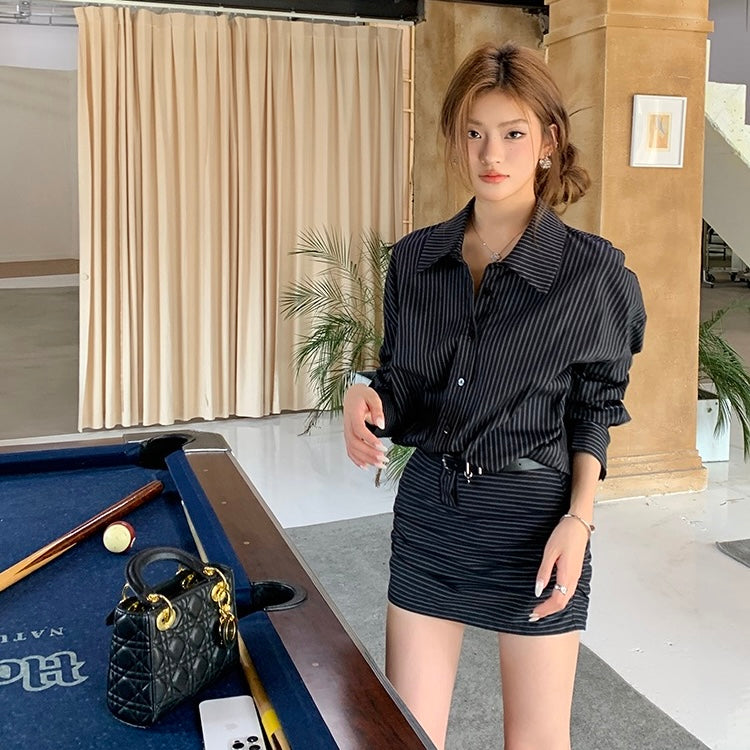 Black Line Shirt Belt Skirt Set
