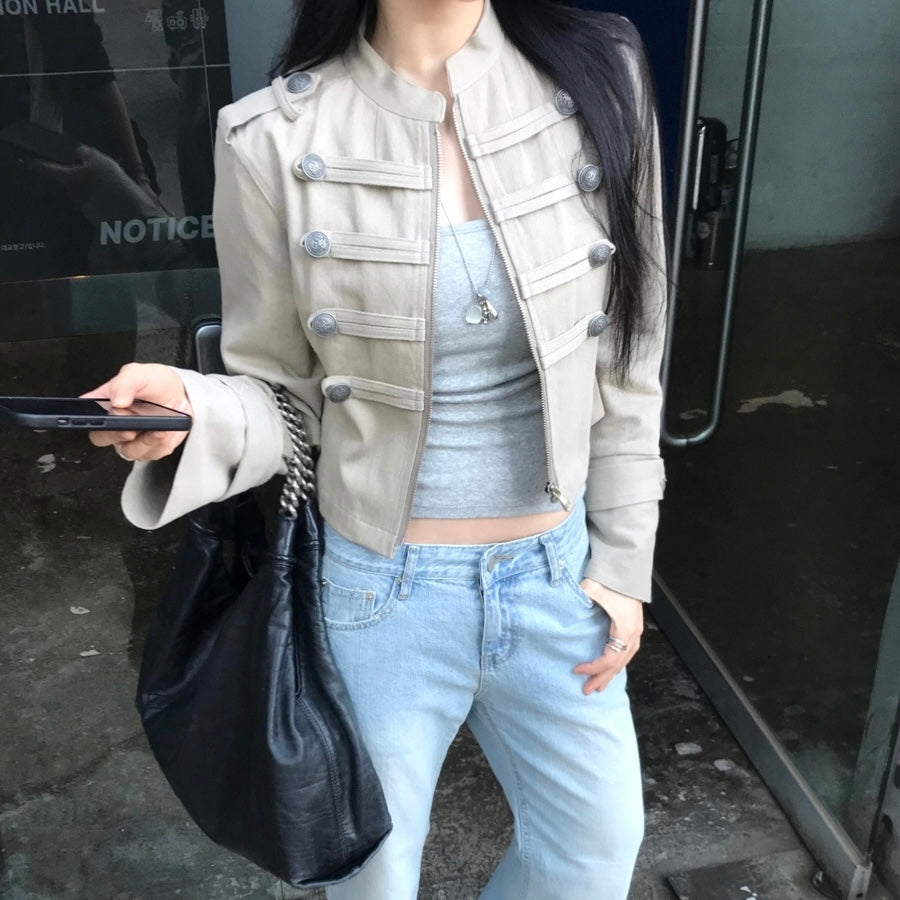 High Neck Double Side Button Zip Jacket