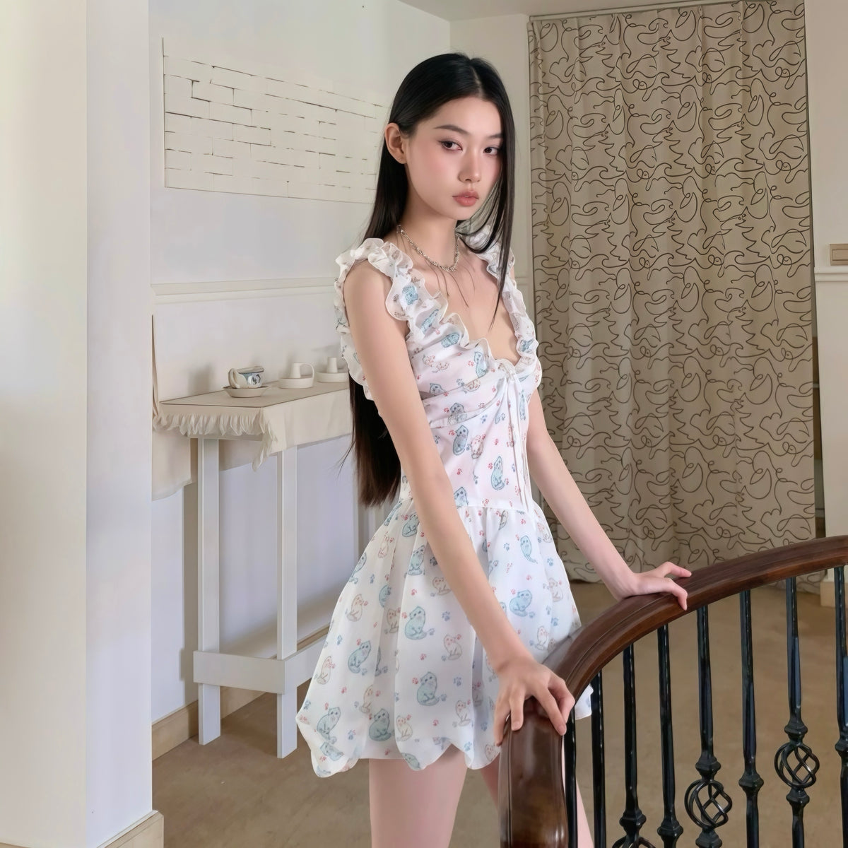 Blue Kitten Ruffle Neck Dress