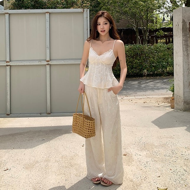White Lace Camisole Pants Summer Set