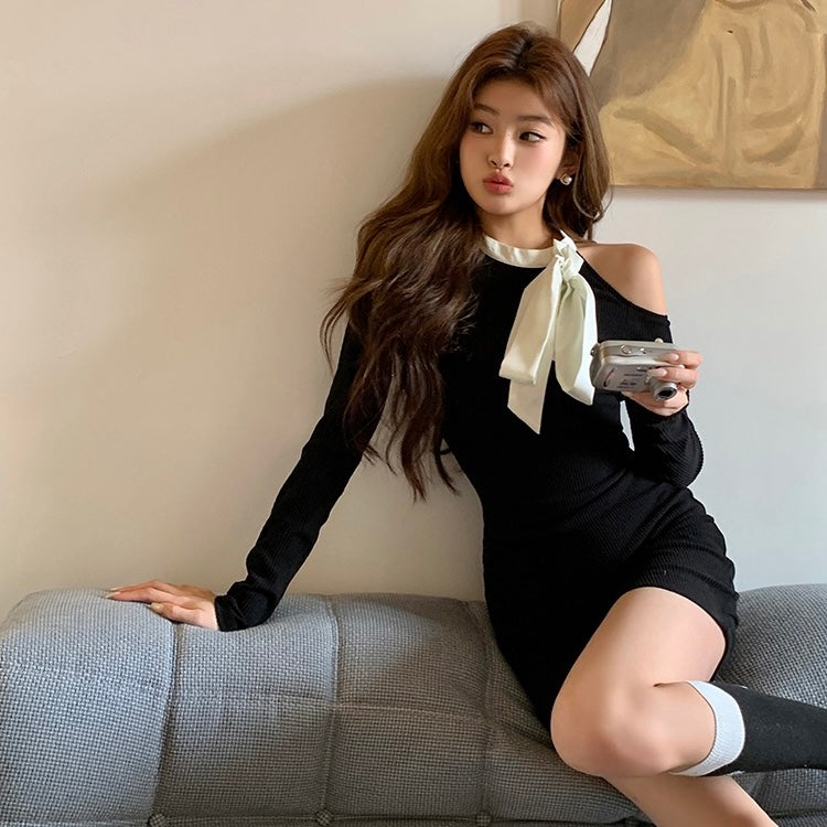 Ribbon Neck Tie Black Dress