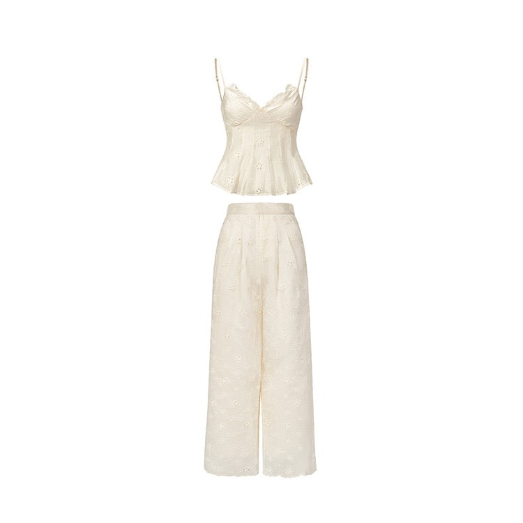 White Lace Camisole Pants Summer Set