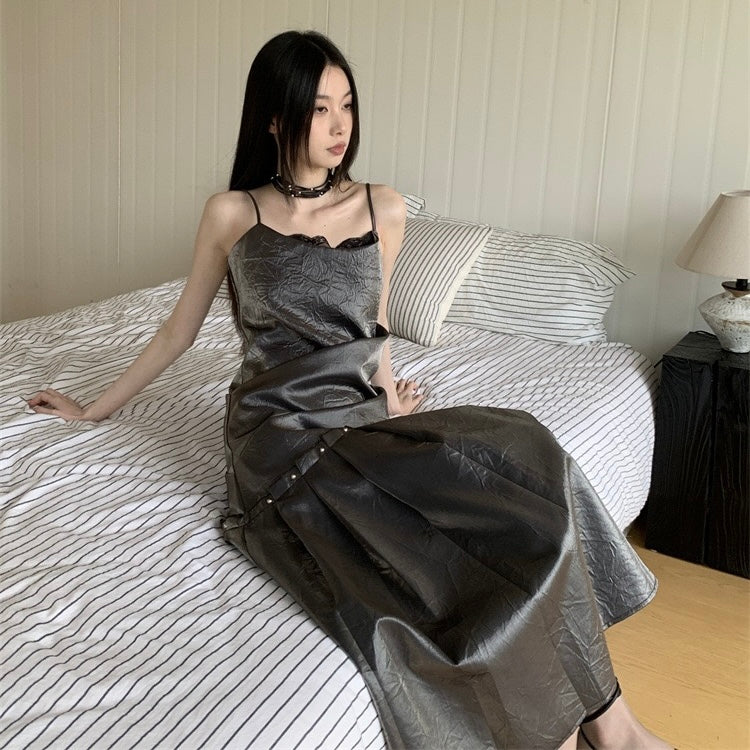 Gothic Charcoal Slip Pleated Long Dress