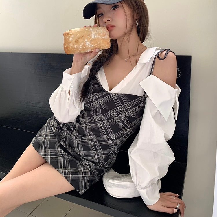 Layered Grey Plaid White Sleeve Dress