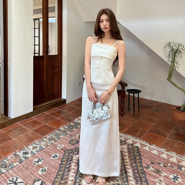 White Satin Camisole Maxi A-Line Skirt Set