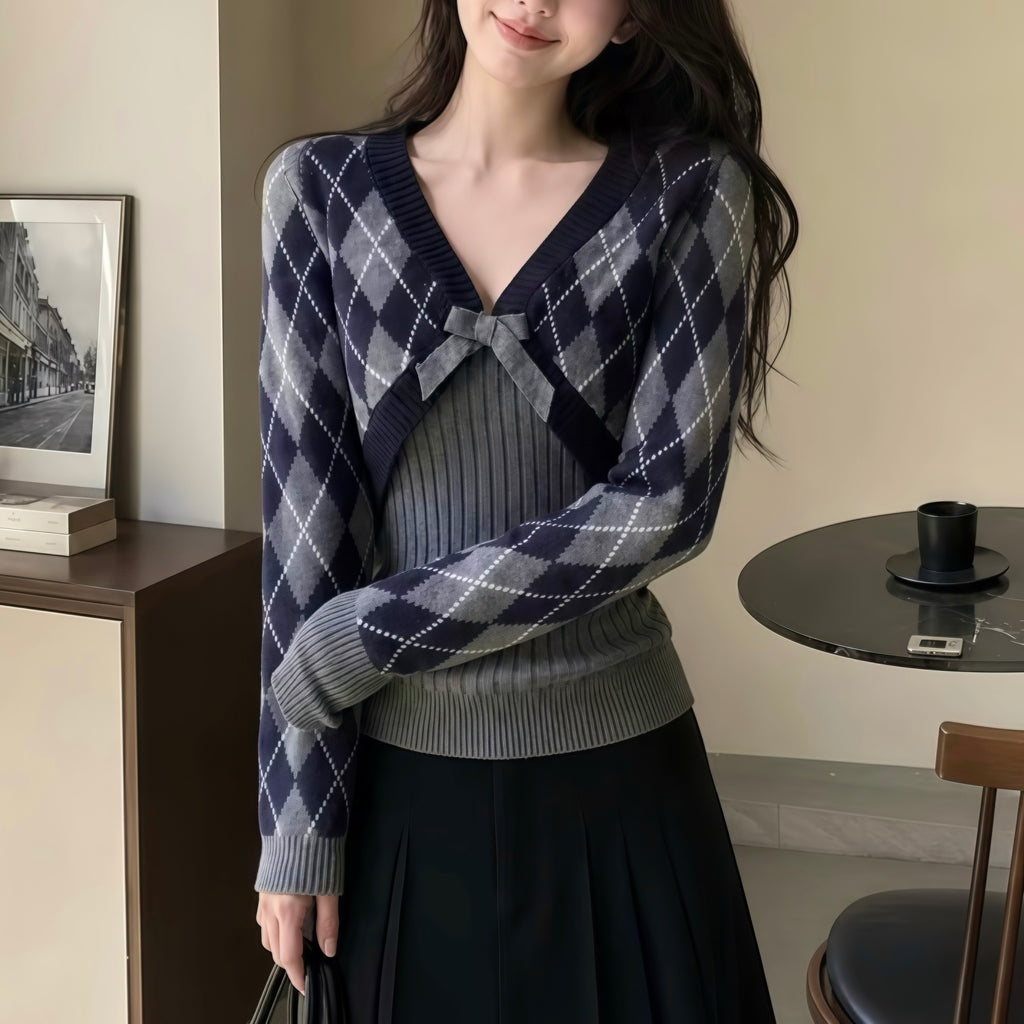 Grey Ribbon Indigo Argyle Sweater Set