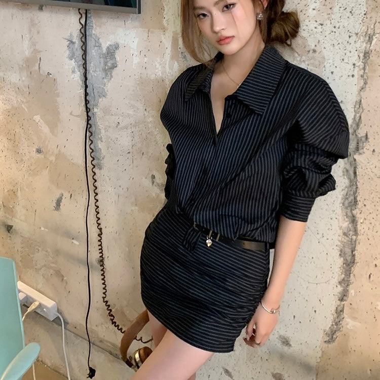 Black Line Shirt Belt Skirt Set