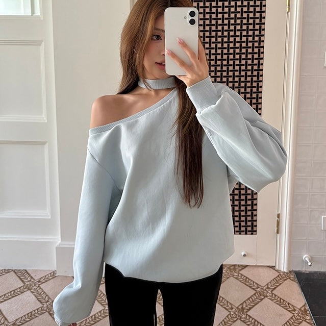Pastel Blue Cut Shoulder Neck Strap Sweater