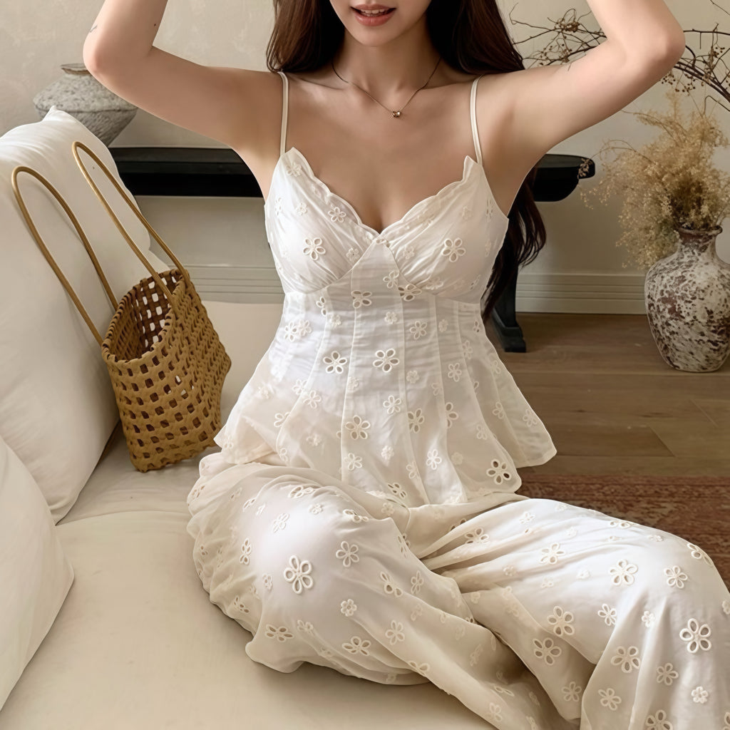 White Lace Camisole Pants Summer Set