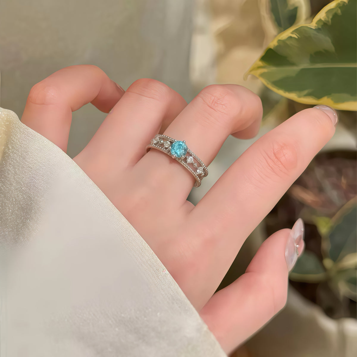 Blue Stone Milgrain Edge Diamond Band