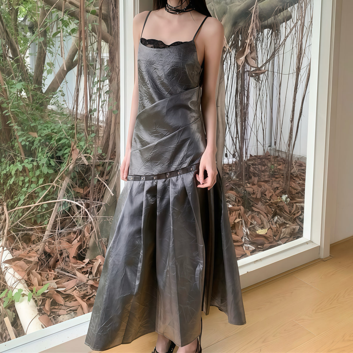 Gothic Charcoal Slip Pleated Long Dress