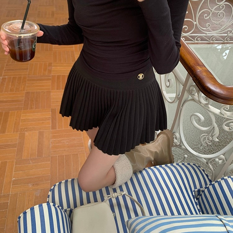 Thick Pleated Gold Button Skirt