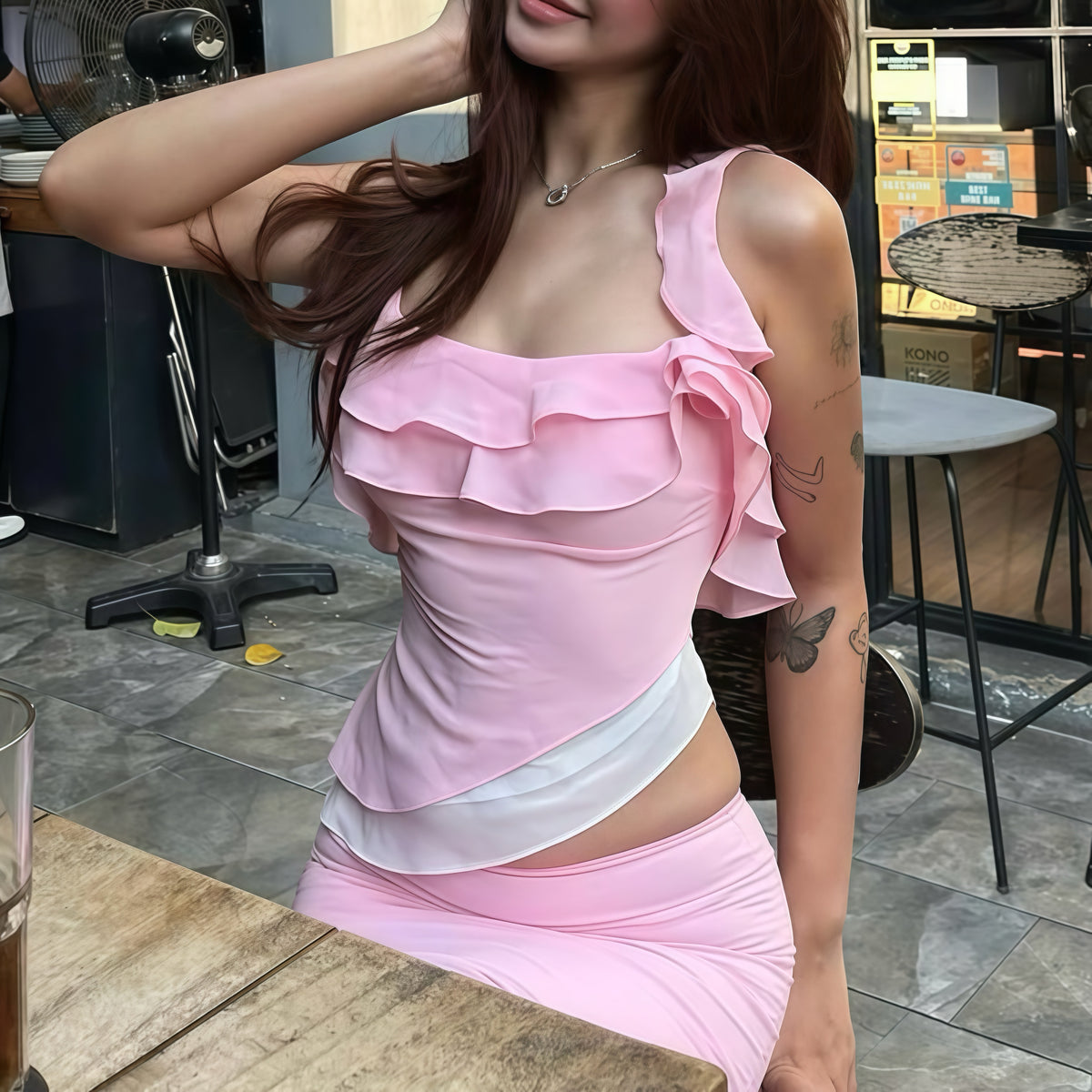 Pink Ruffle Camisole Sheer Hem Skirt Set