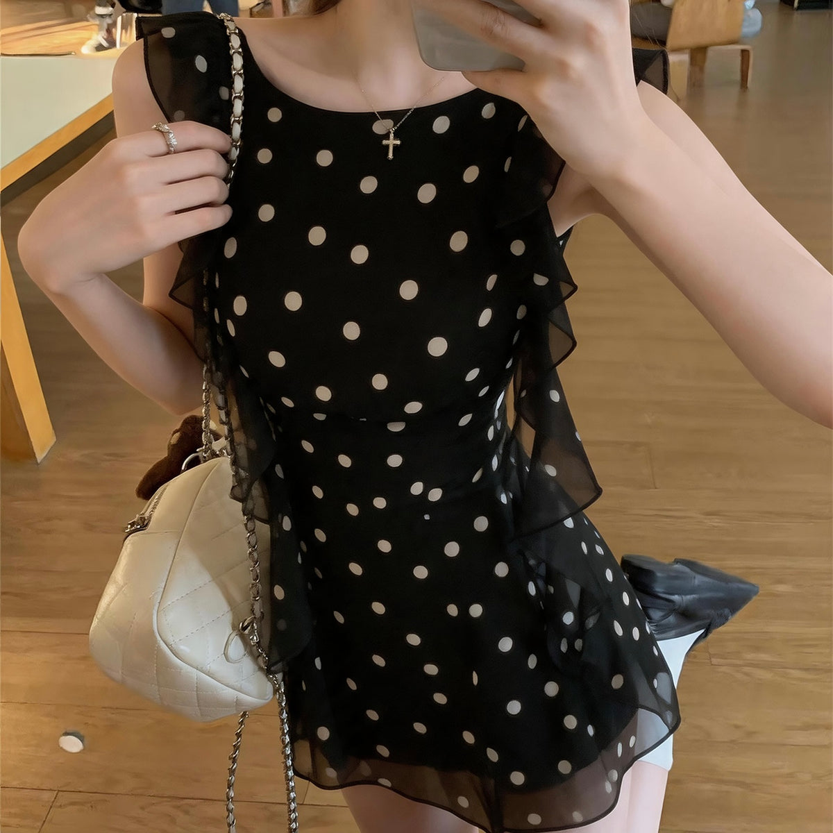 Black Polka Dot Ruffle Sleeveless Dress