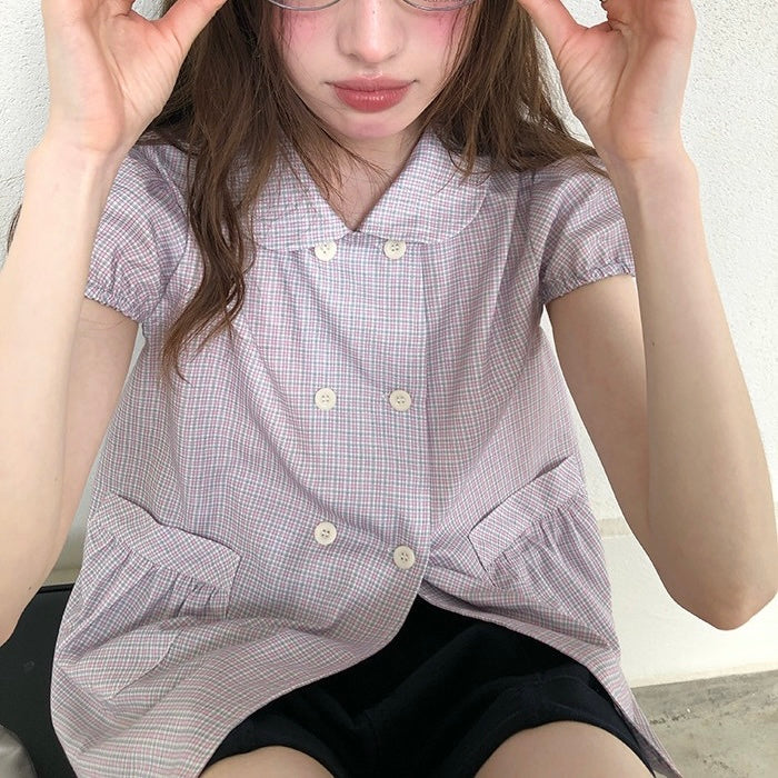 Purple Gingham Puff-Sleeve Top