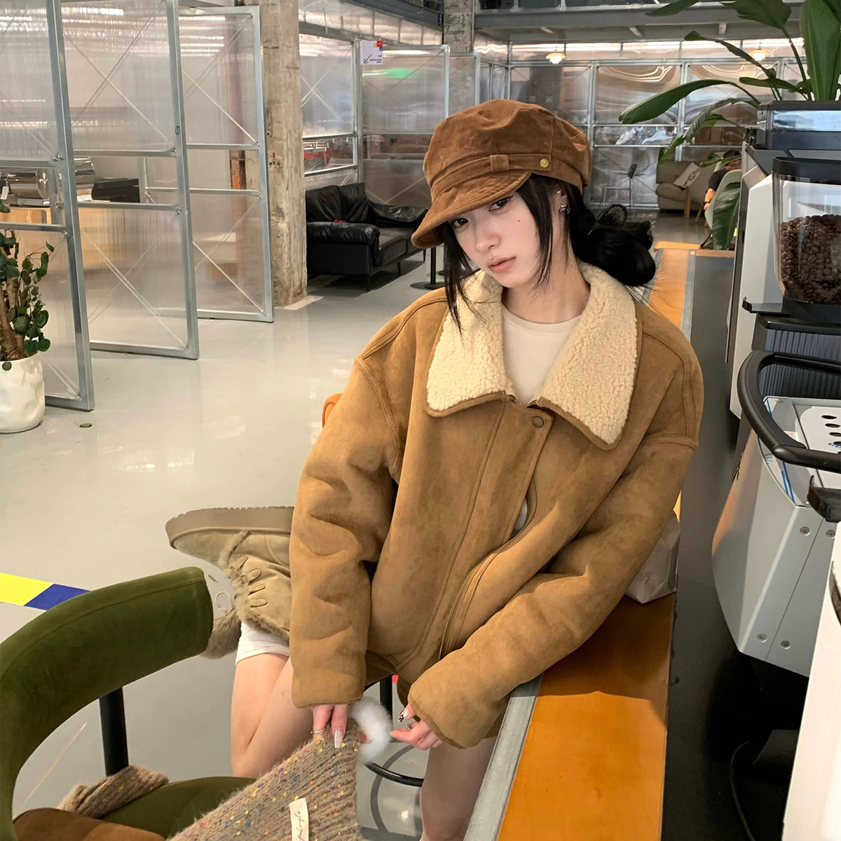 Wool Lined Zip-Up Suede Jacket