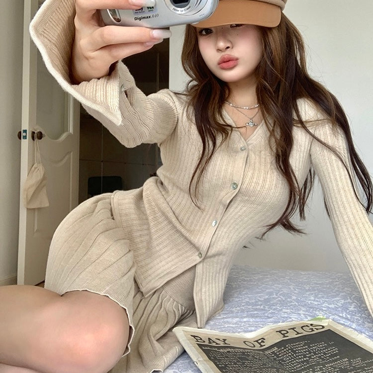 Knit Button-Up Sweater Pleated Skirt Set