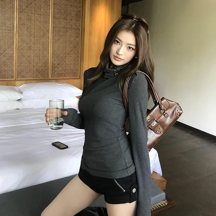 Dark Knit Button Turtleneck Top