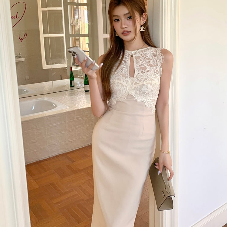 Beige Lace Front Halter Pencil Dress