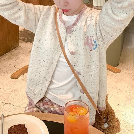 Flower Pink Hem Button Cardigan