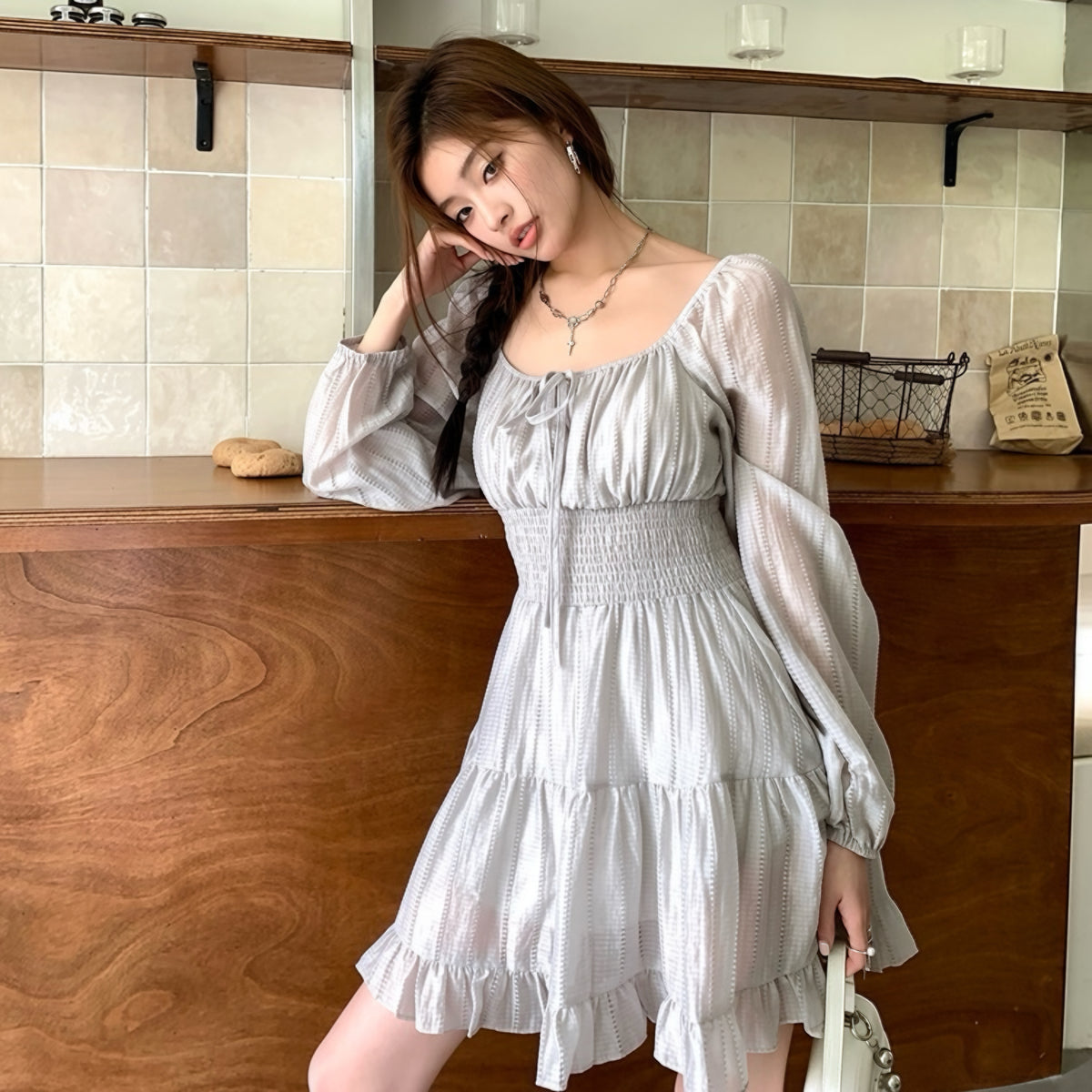 Grey Puff-Sleeve Boho Ruffle Dress