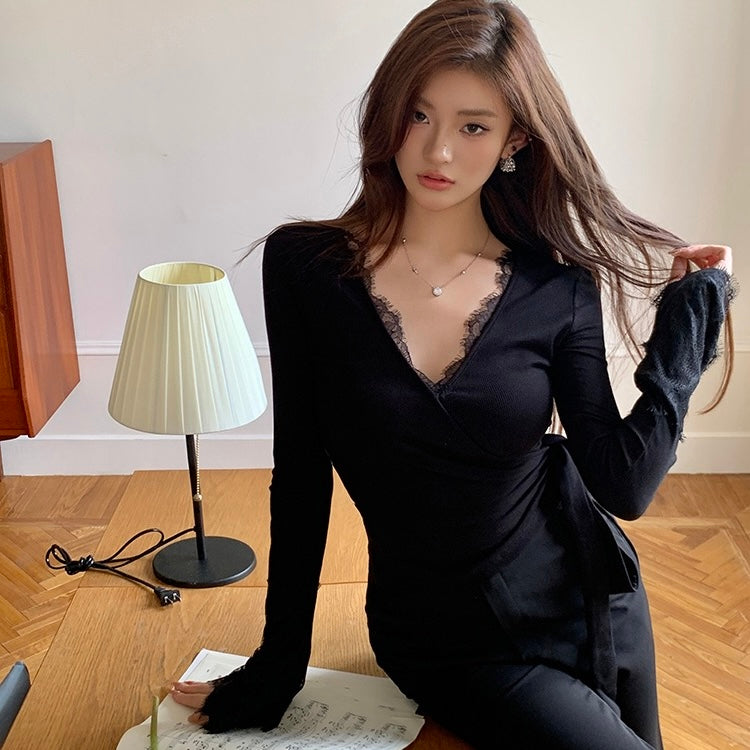 Black Lace Trim Trumpet Sleeve Waist Tied Top