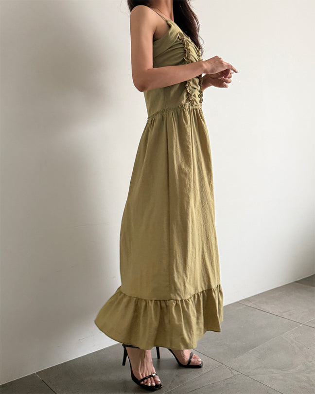 Front Triple Line Ruffle Maxi Dress