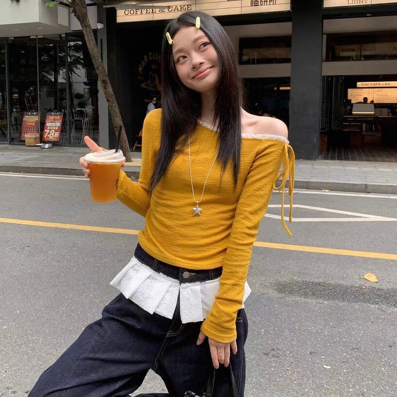 Yellow Single Off-Shoulder Sleeve Tied Top