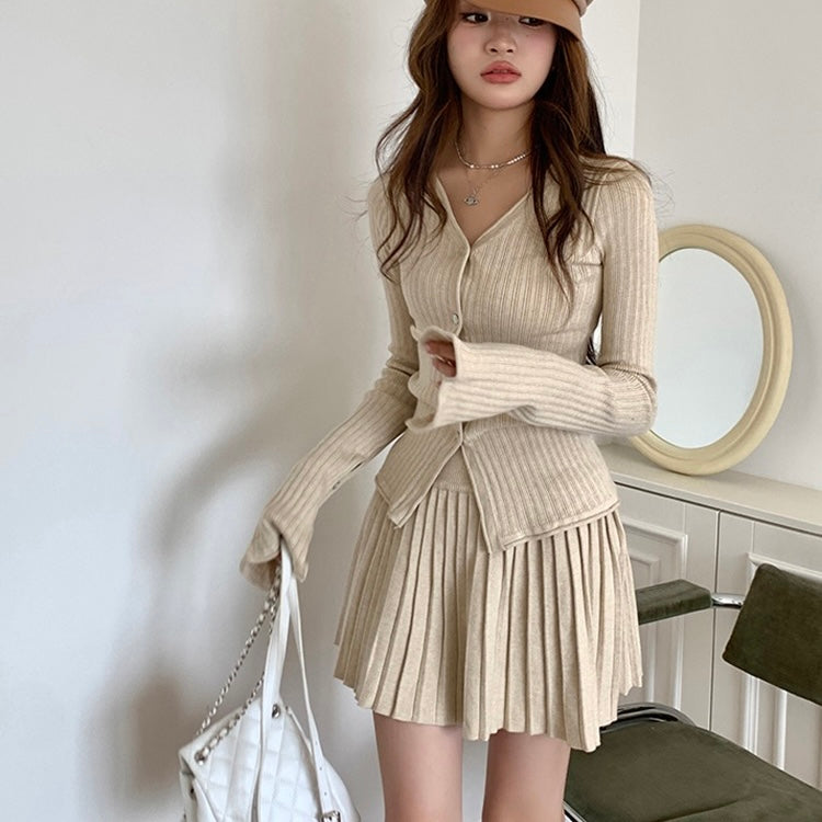 Knit Button-Up Sweater Pleated Skirt Set