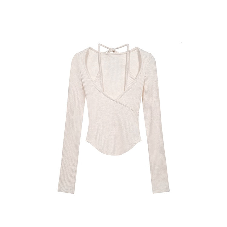 Beige Knit Mock Two-Piece Top