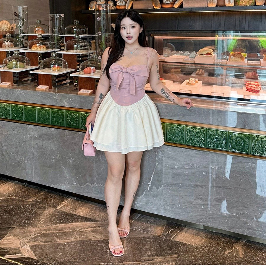 Pink Ribbon Tube White Pleated Dress