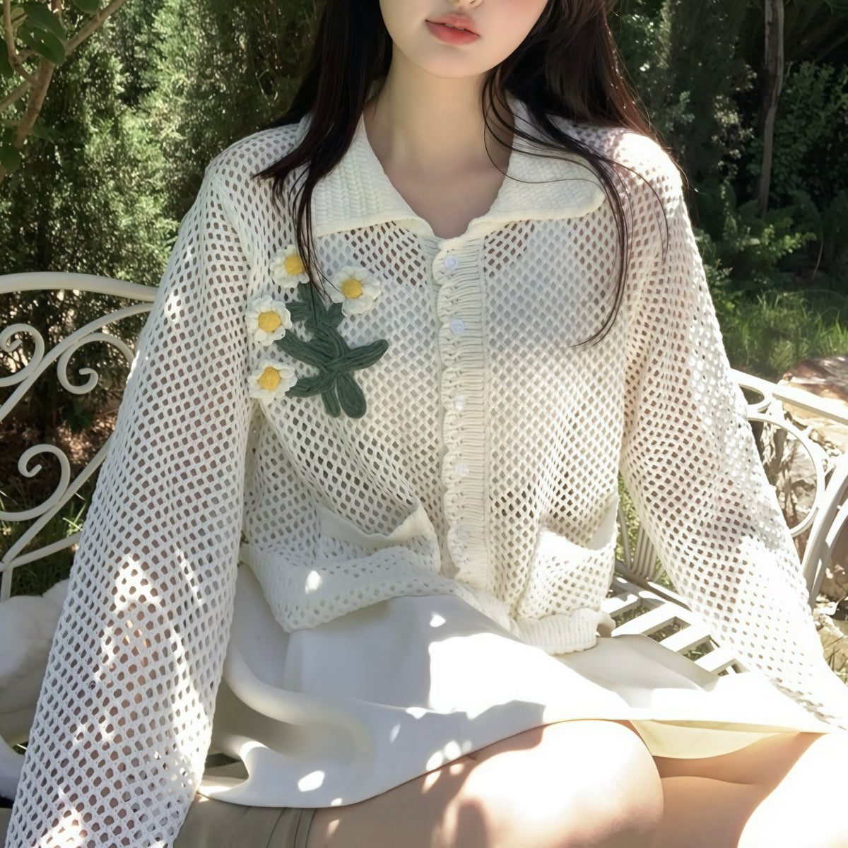 Sunflower Crochet Net White Sweater
