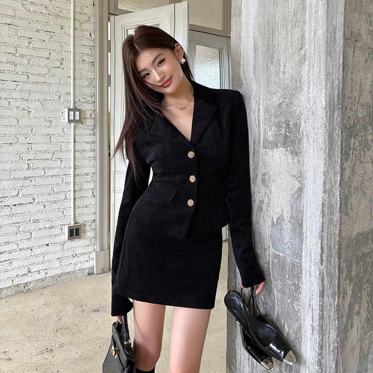 Gold Button Ribbed Fabric Blazer Skirt Set