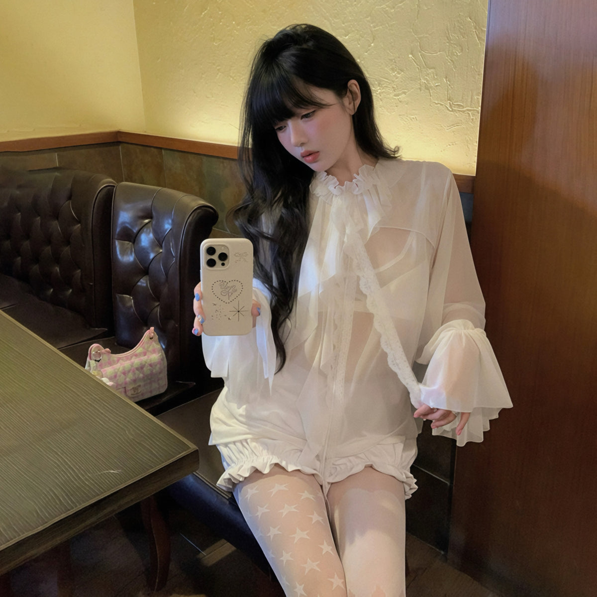 Ruffle Sheer Long-Sleeve Top