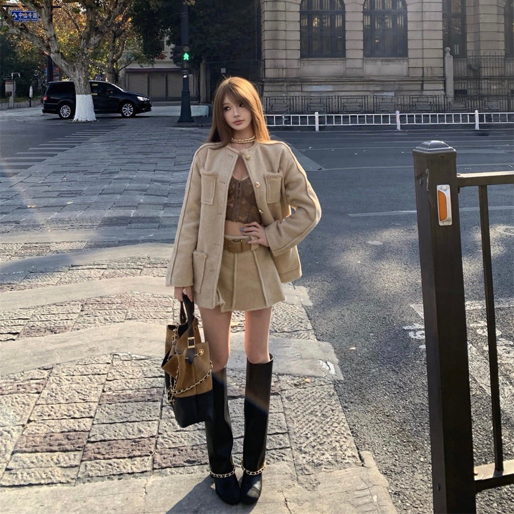 Tan Wool Coat Belt Skirt Set