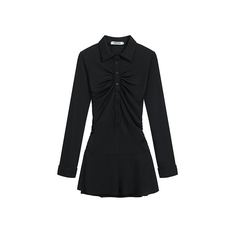 Black Middle Cinch Button-Up Dress
